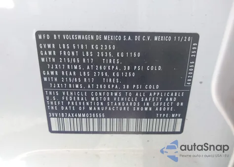 2021 Volkswagen Tiguan 2.0T S z USA, uszkodzony, nr VIN 3VV1B7AX4MM036555